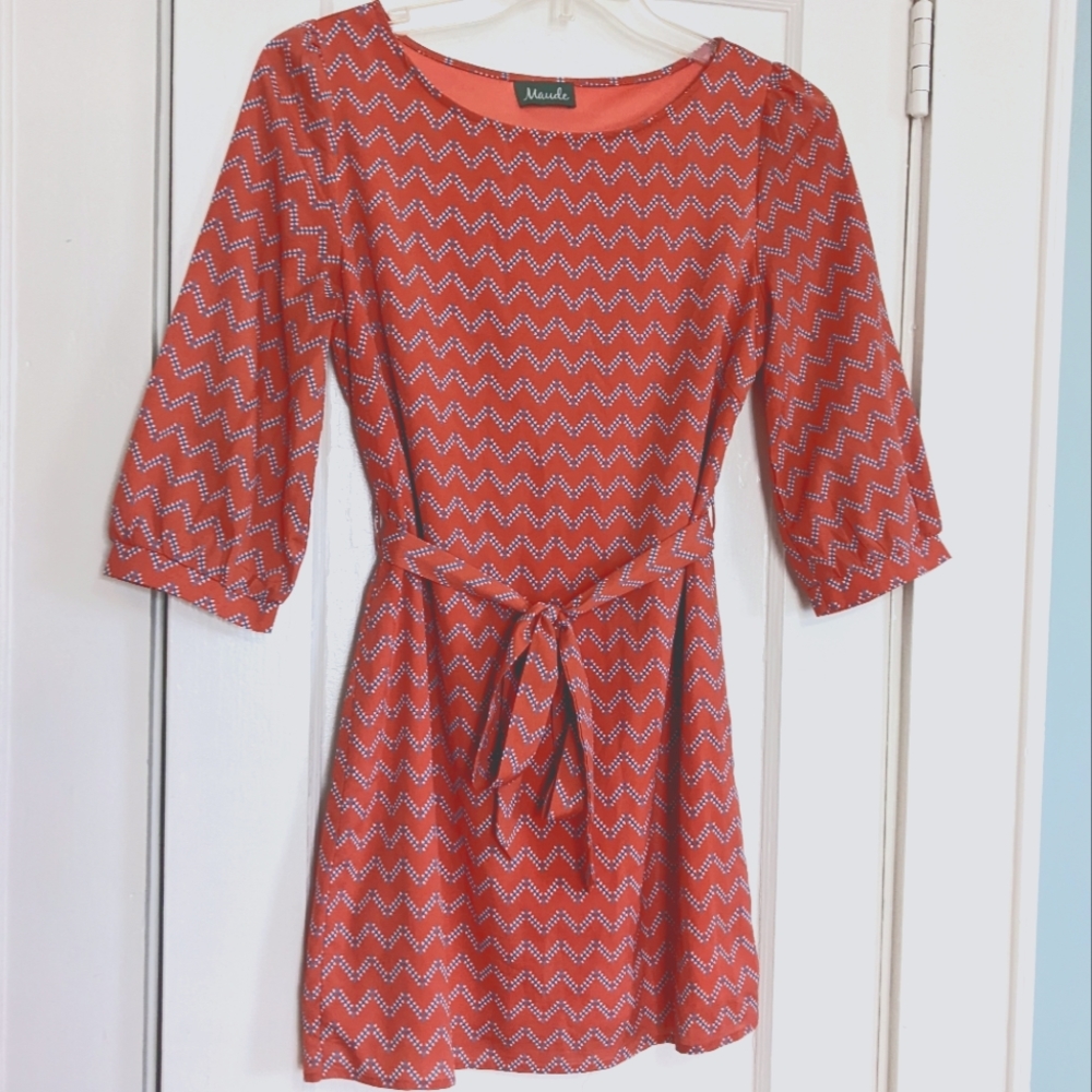 Anthropologie Maude orange belted mini dress w/ blue/white dot pattern M